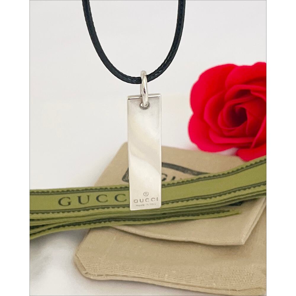 GUCCI Vintage Pendant Necklace Sterling Silver Tab Black Cord Steel Clasp Stamp - Picture 10 of 11